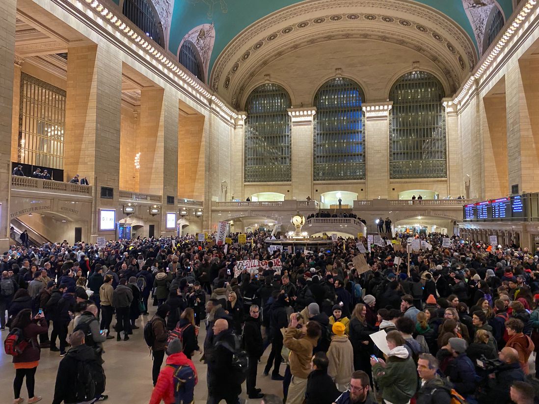 Around a thousand protesters gather at Grand Central shortly after 5 p.m. during the #J31 protest against subway policing.